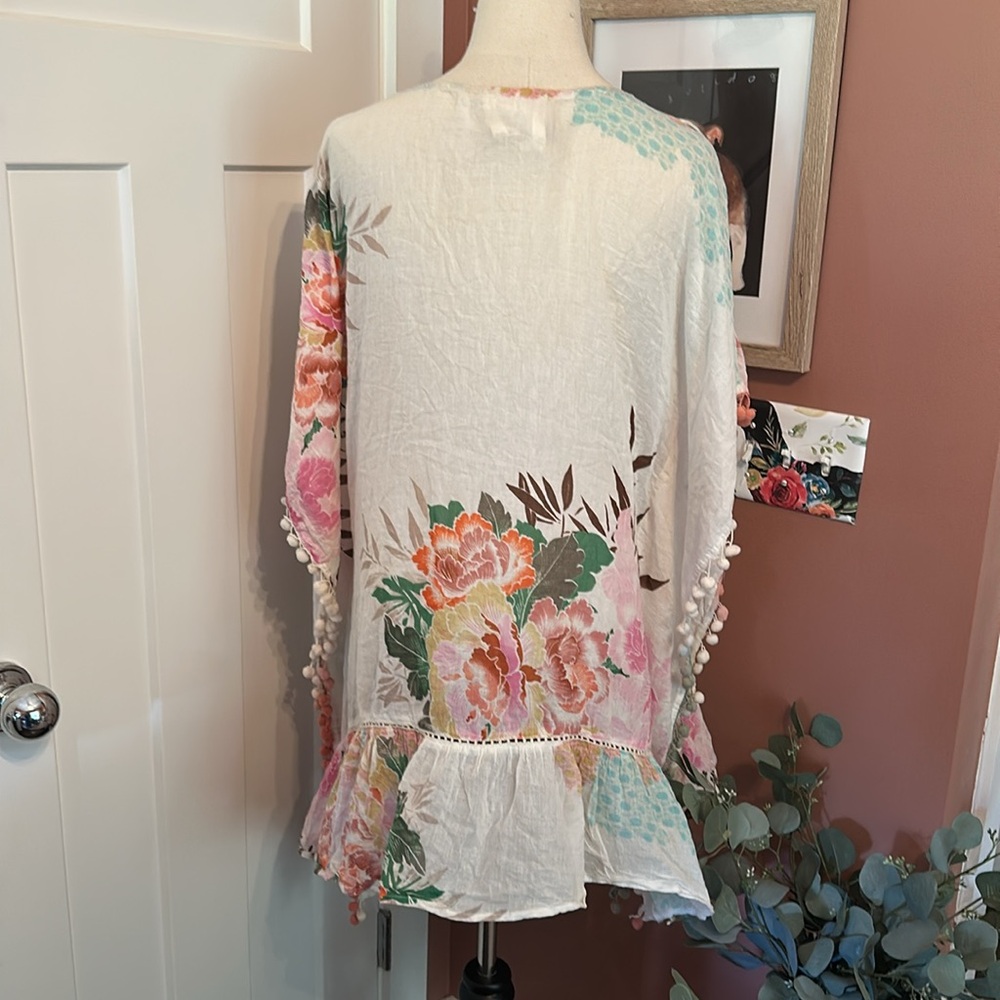 Z&L Floral Print Pom Poms cotton tassel drop waist lace up OS Kaftan Cover-Up - Picture 10 of 16